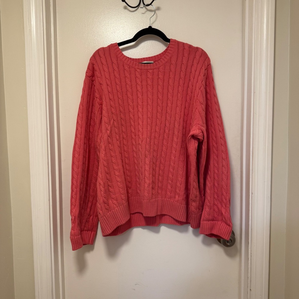 APPLESEED Cable Knit Sweater Coral‎ Pink Textured Crew Neck Long Sleeve Pullover